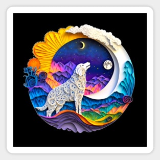 Great Pyrenees Dog Nature Crescent Moon Stars Mountains Art Digital Painting Magnet